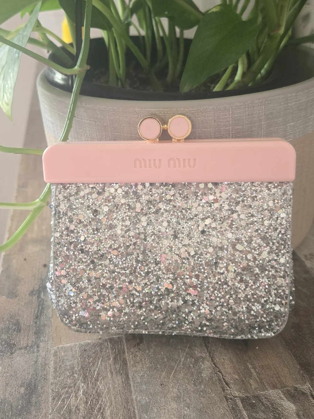 Miu Miu Pink Silver Glitter Kiss Lock Mini Clutch Pouch